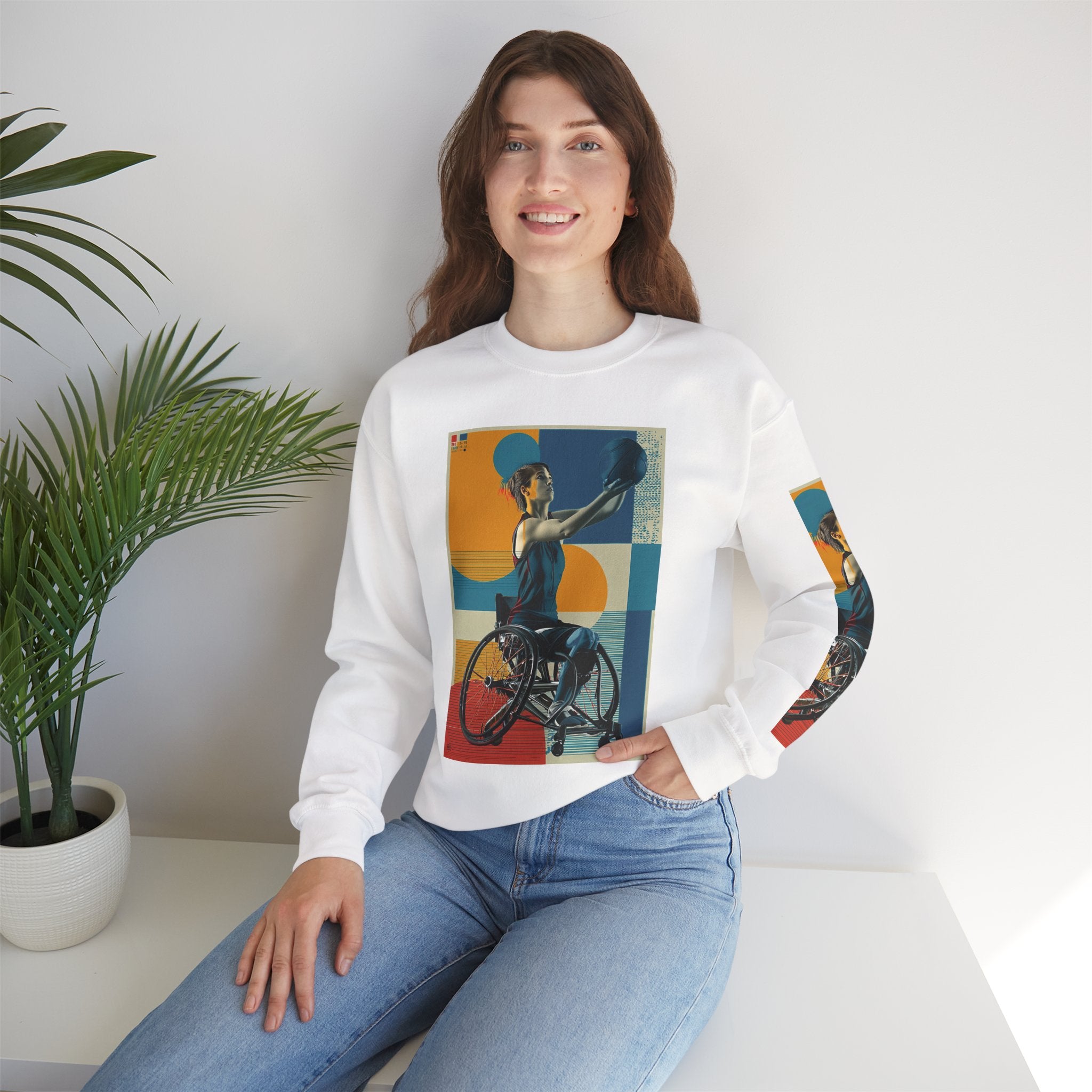 Inclusive WheelChair Basket Sports Themed Sweatshirt for Empowerment, Unisex Heavy Blend Crewneck, Inspirational Gift for Activists