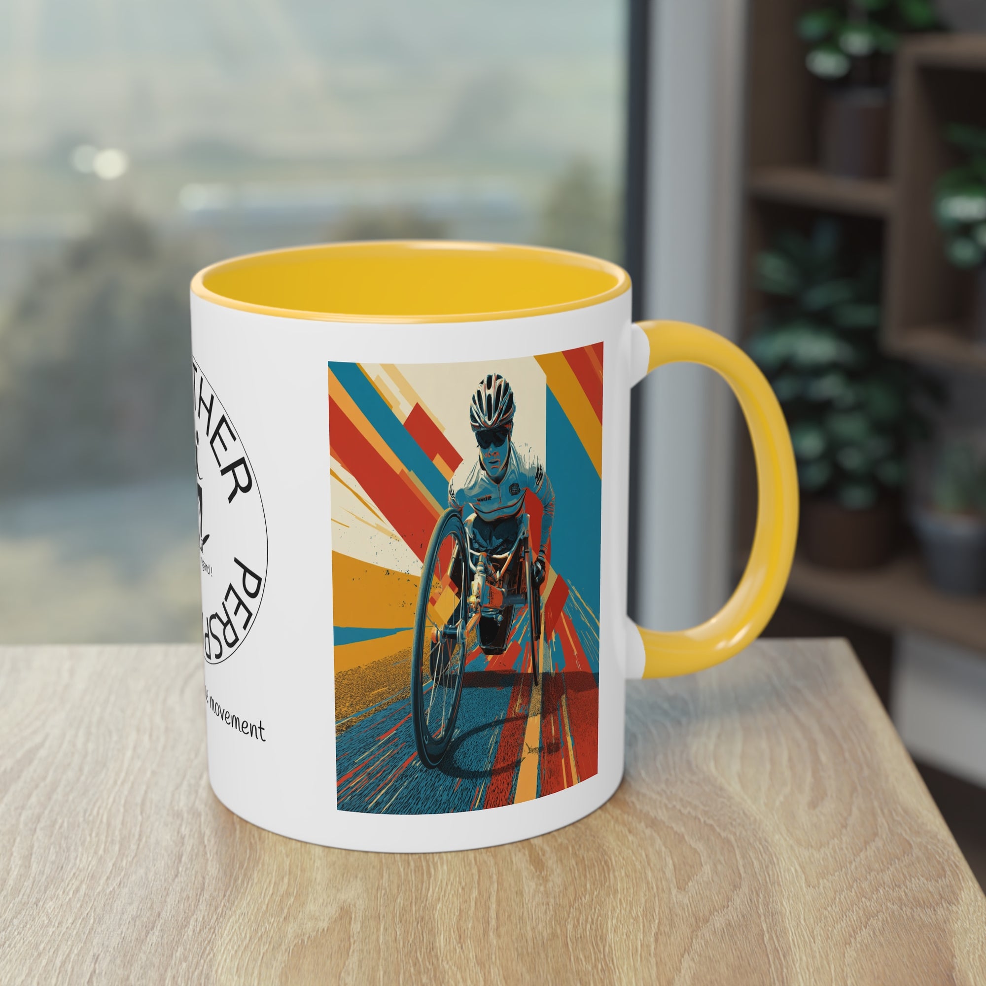 Dynamic Two-Tone Coffee Mug Wheelchair, Race-inspired Drinkware, Ideal Gift for Athletes, Motivational Morning Caffeine Boost, Sports Lover Cup