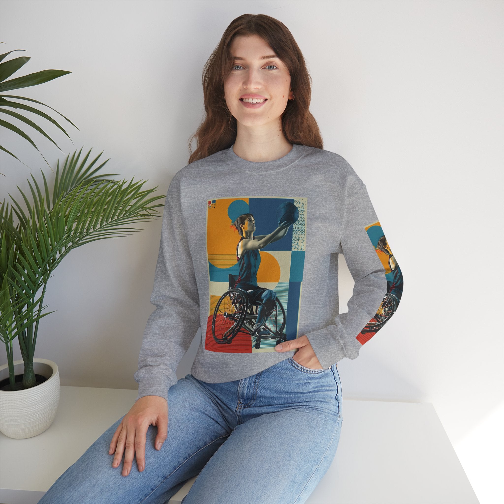 Inclusive WheelChair Basket Sports Themed Sweatshirt for Empowerment, Unisex Heavy Blend Crewneck, Inspirational Gift for Activists