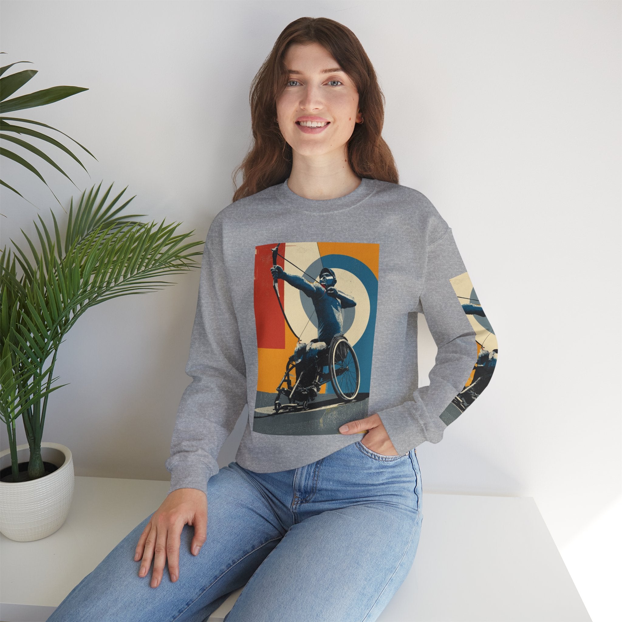 Inclusive WheelChair Archery Sports Themed Sweatshirt for Empowerment, Unisex Heavy Blend Crewneck, Inspirational Gift for Activists