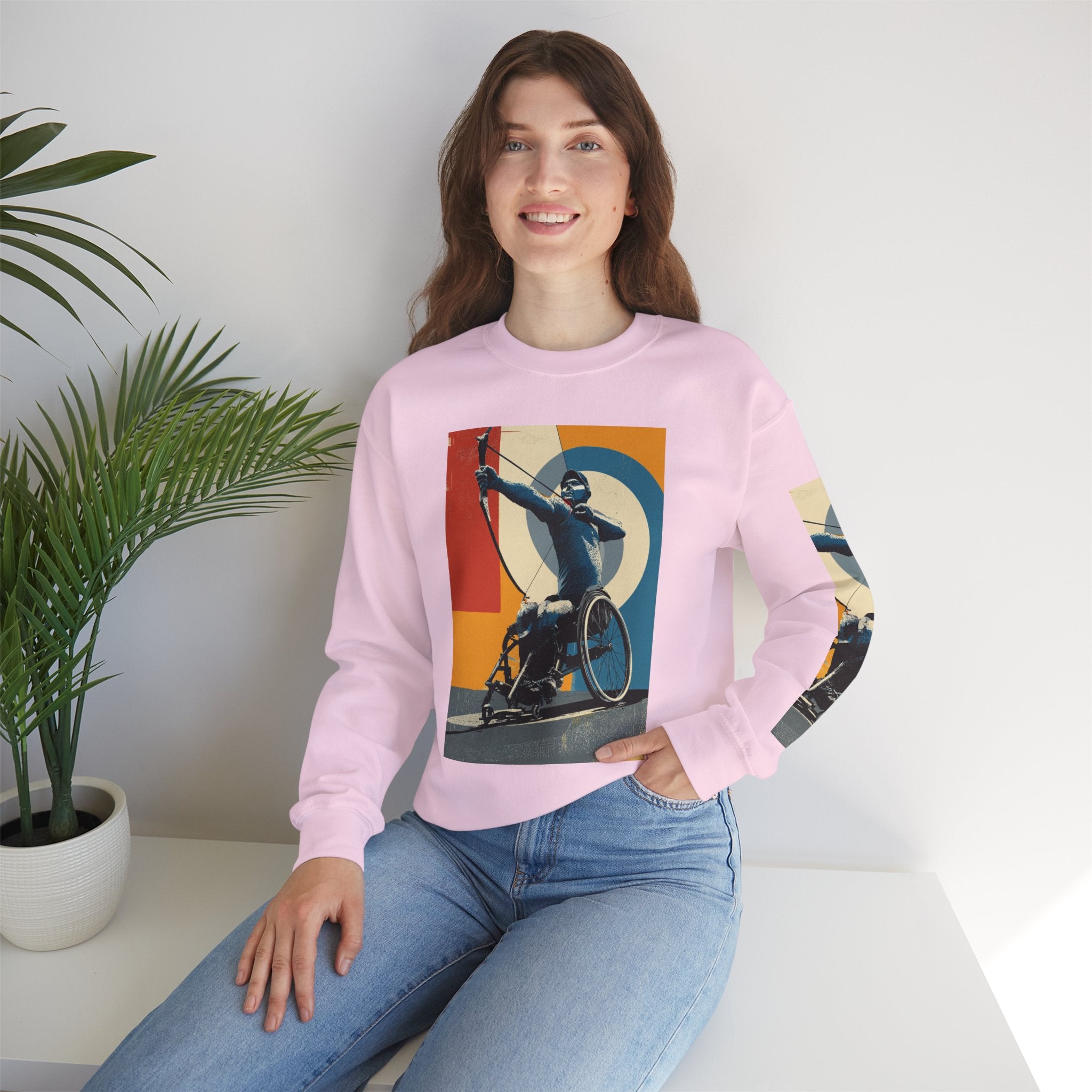 Inclusive WheelChair Archery Sports Themed Sweatshirt for Empowerment, Unisex Heavy Blend Crewneck, Inspirational Gift for Activists