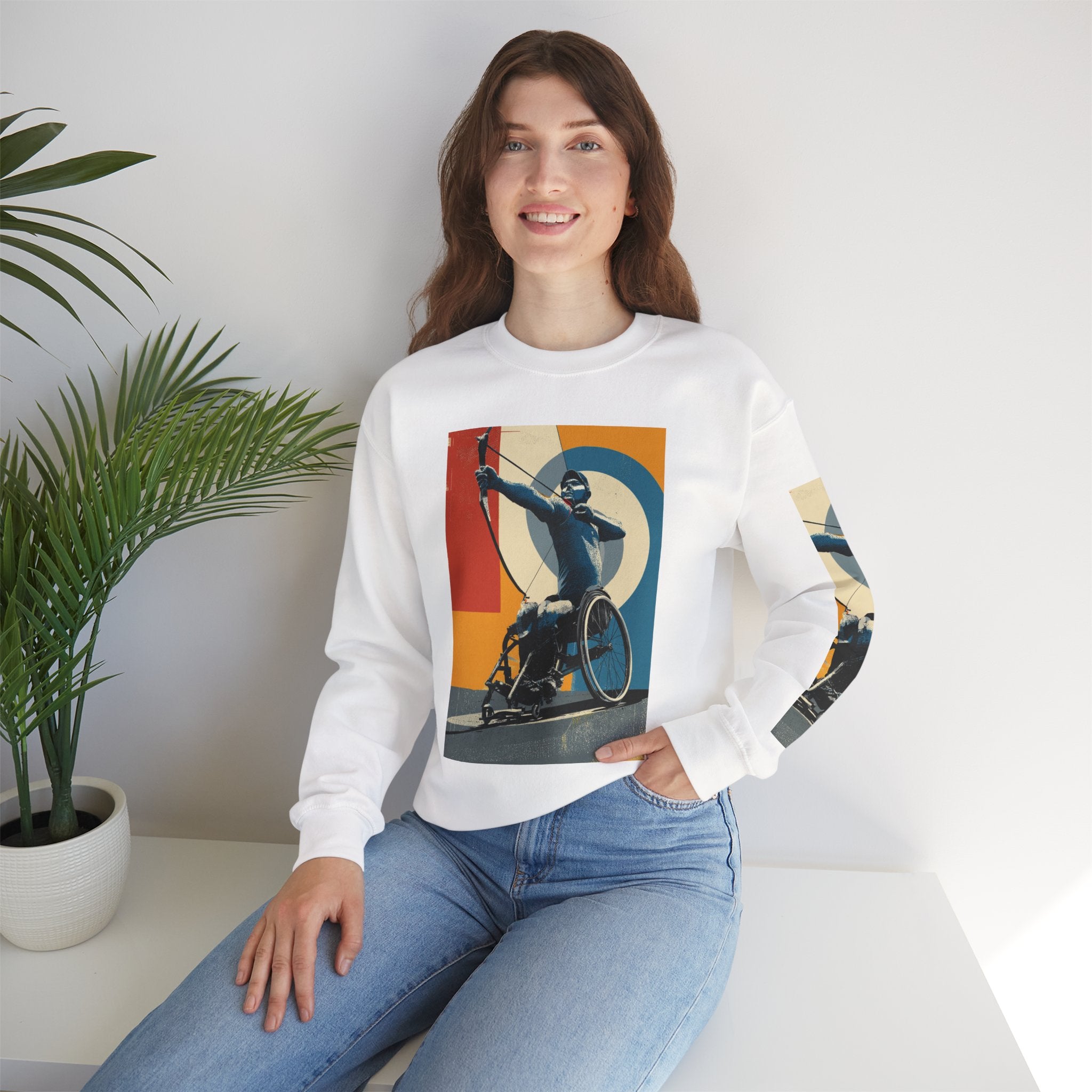 Inclusive WheelChair Archery Sports Themed Sweatshirt for Empowerment, Unisex Heavy Blend Crewneck, Inspirational Gift for Activists