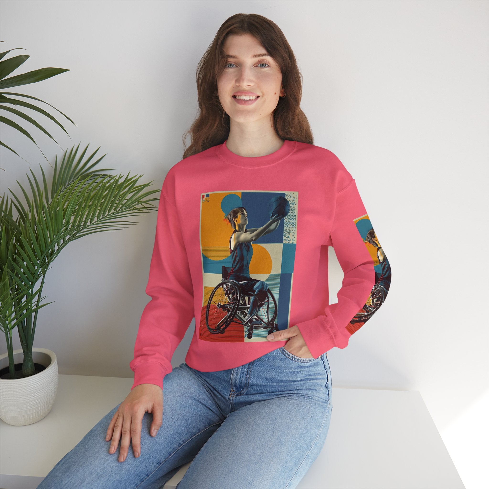 Inclusive WheelChair Basket Sports Themed Sweatshirt for Empowerment, Unisex Heavy Blend Crewneck, Inspirational Gift for Activists