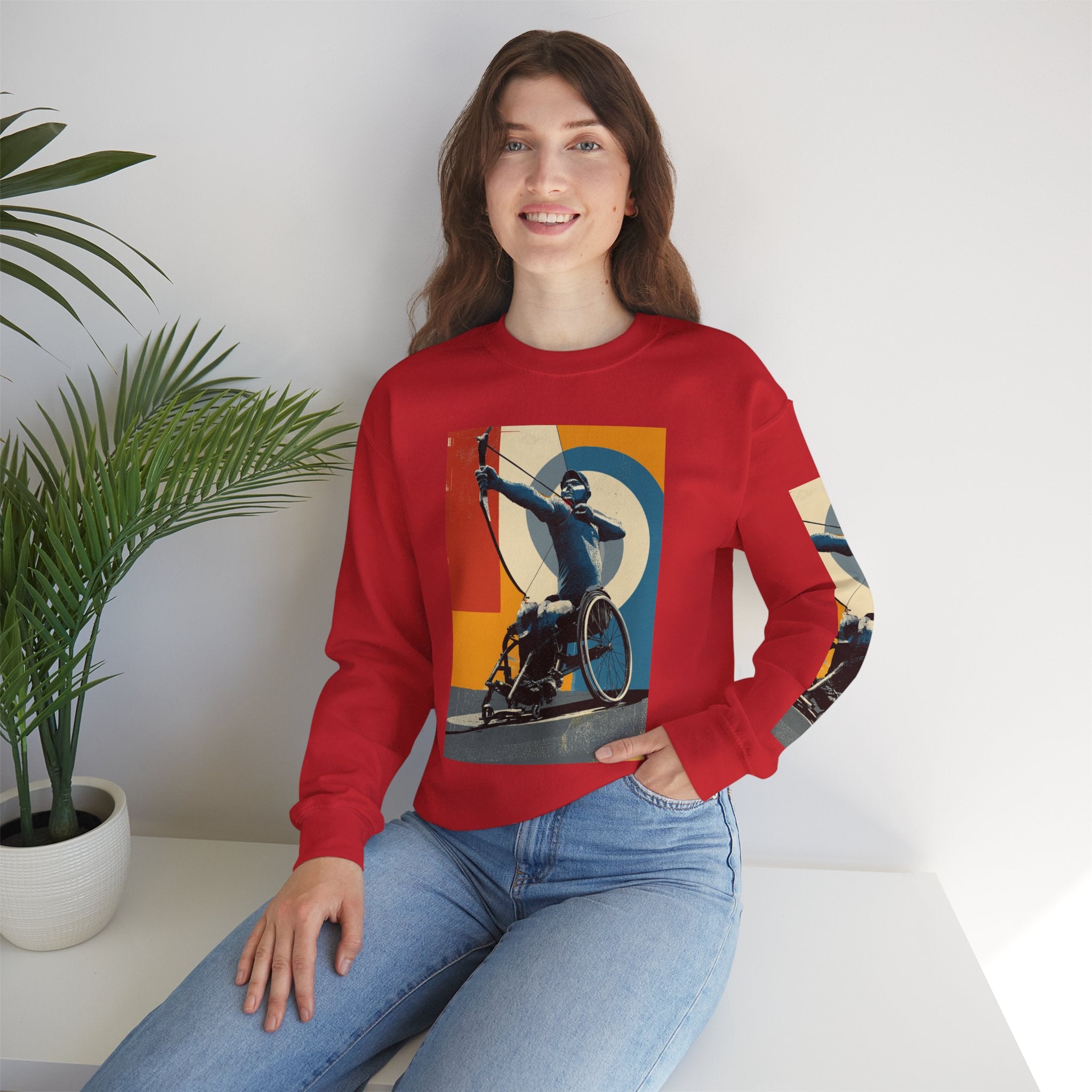 Inclusive WheelChair Archery Sports Themed Sweatshirt for Empowerment, Unisex Heavy Blend Crewneck, Inspirational Gift for Activists