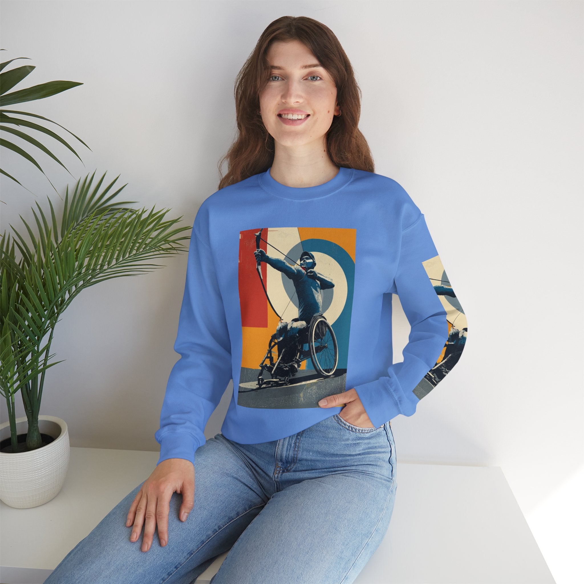 Inclusive WheelChair Archery Sports Themed Sweatshirt for Empowerment, Unisex Heavy Blend Crewneck, Inspirational Gift for Activists