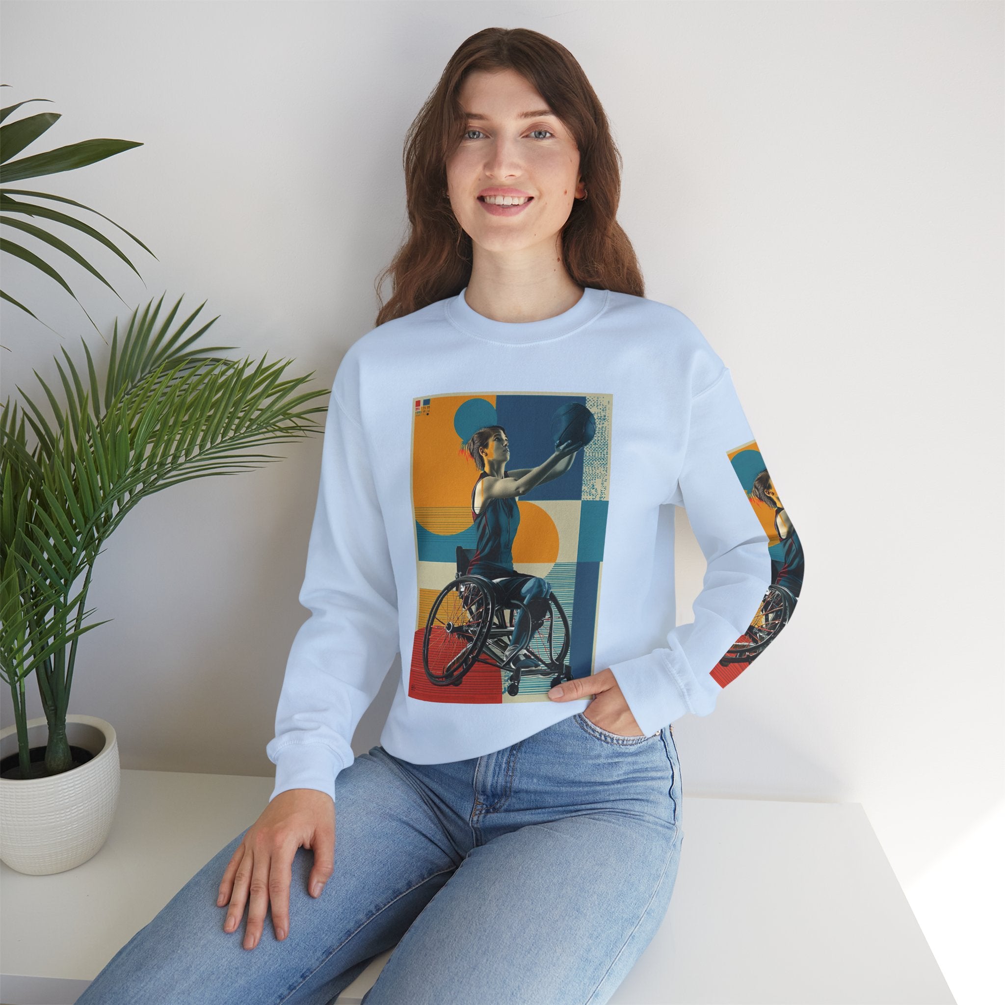 Inclusive WheelChair Basket Sports Themed Sweatshirt for Empowerment, Unisex Heavy Blend Crewneck, Inspirational Gift for Activists