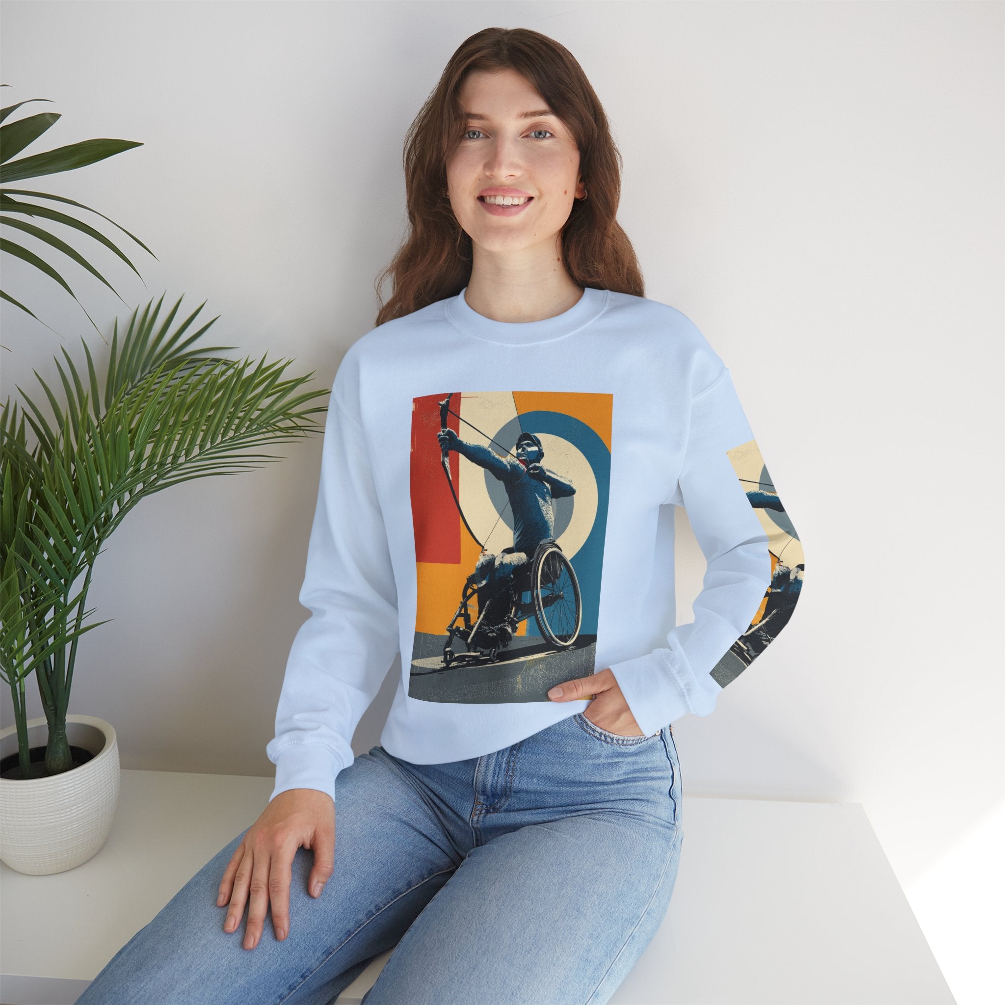 Inclusive WheelChair Archery Sports Themed Sweatshirt for Empowerment, Unisex Heavy Blend Crewneck, Inspirational Gift for Activists